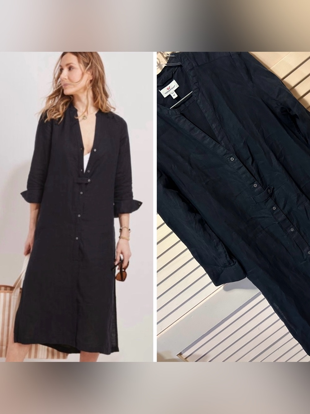 Vineyard Vines Midi Cover-Up Dress 100% Linen Navy Blue Size Medium
